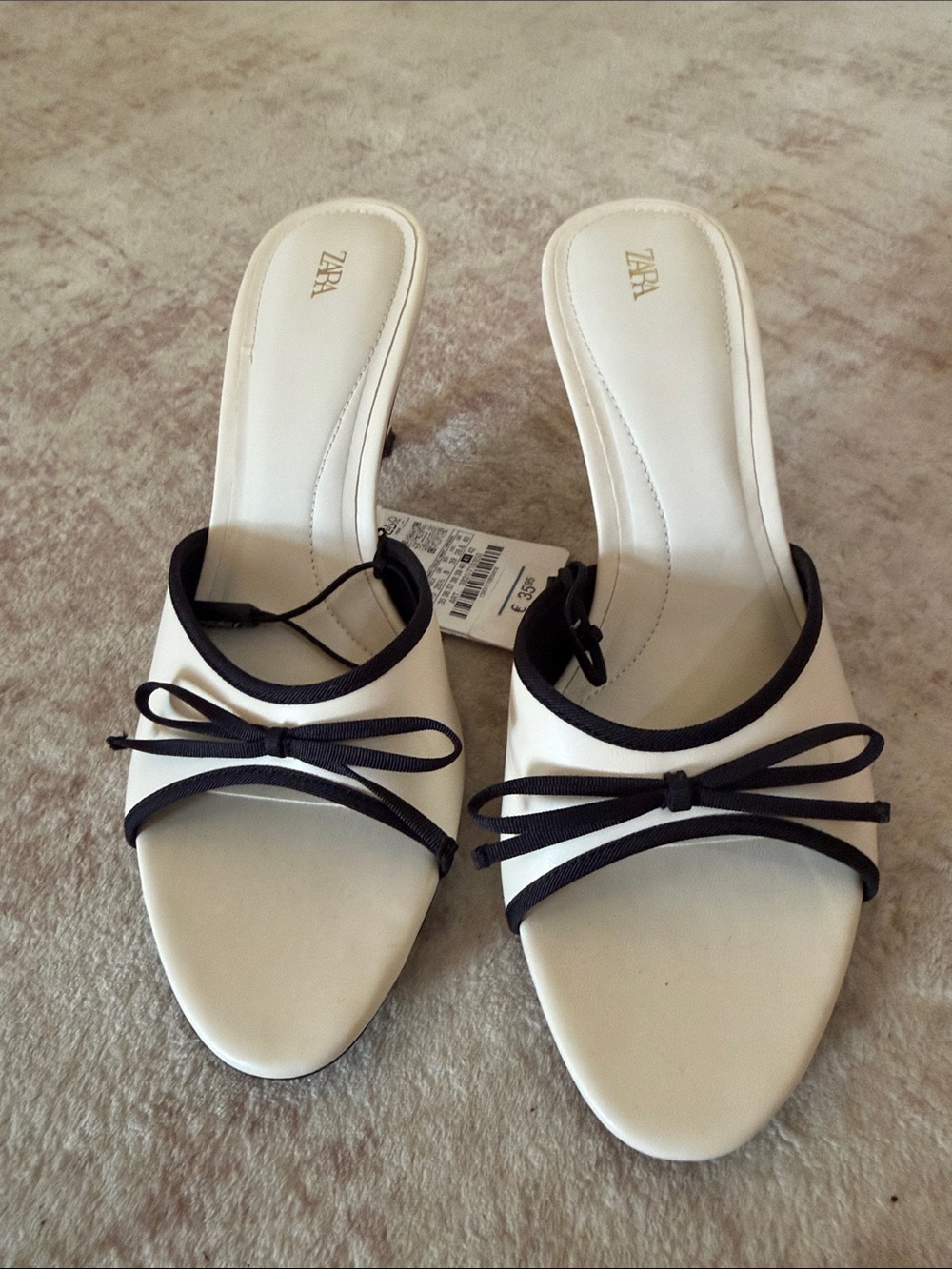 Zara Cream Slide Mules with Black Bow Trim